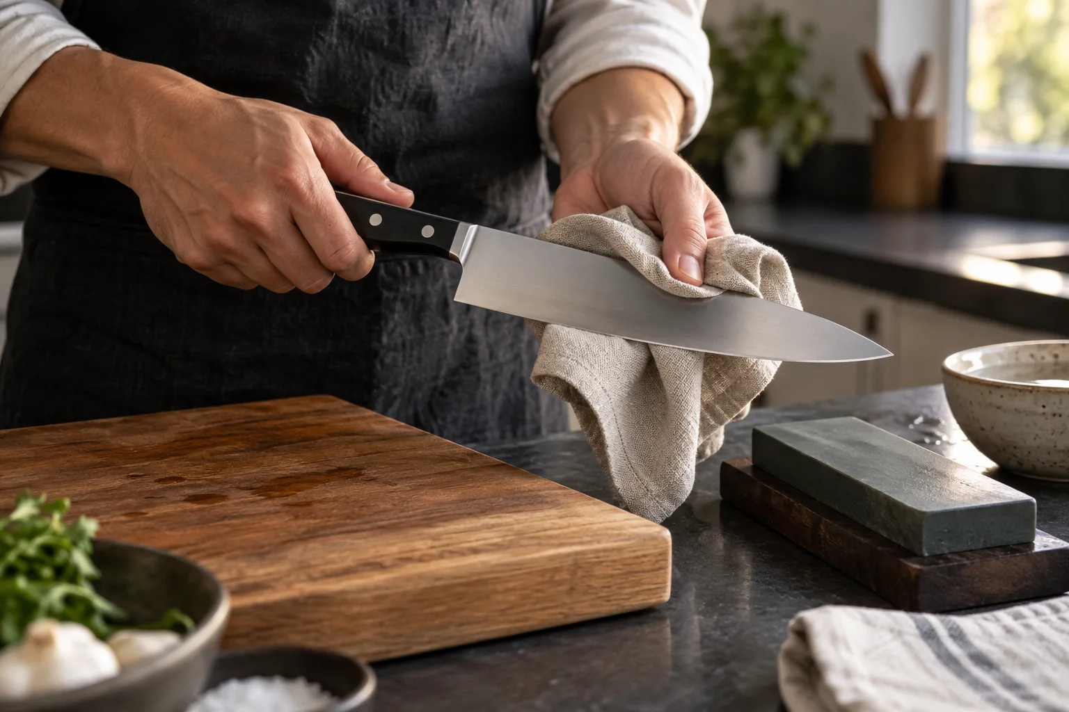 Hands carefully drying a Japanese kitchen knife beside a whetstone