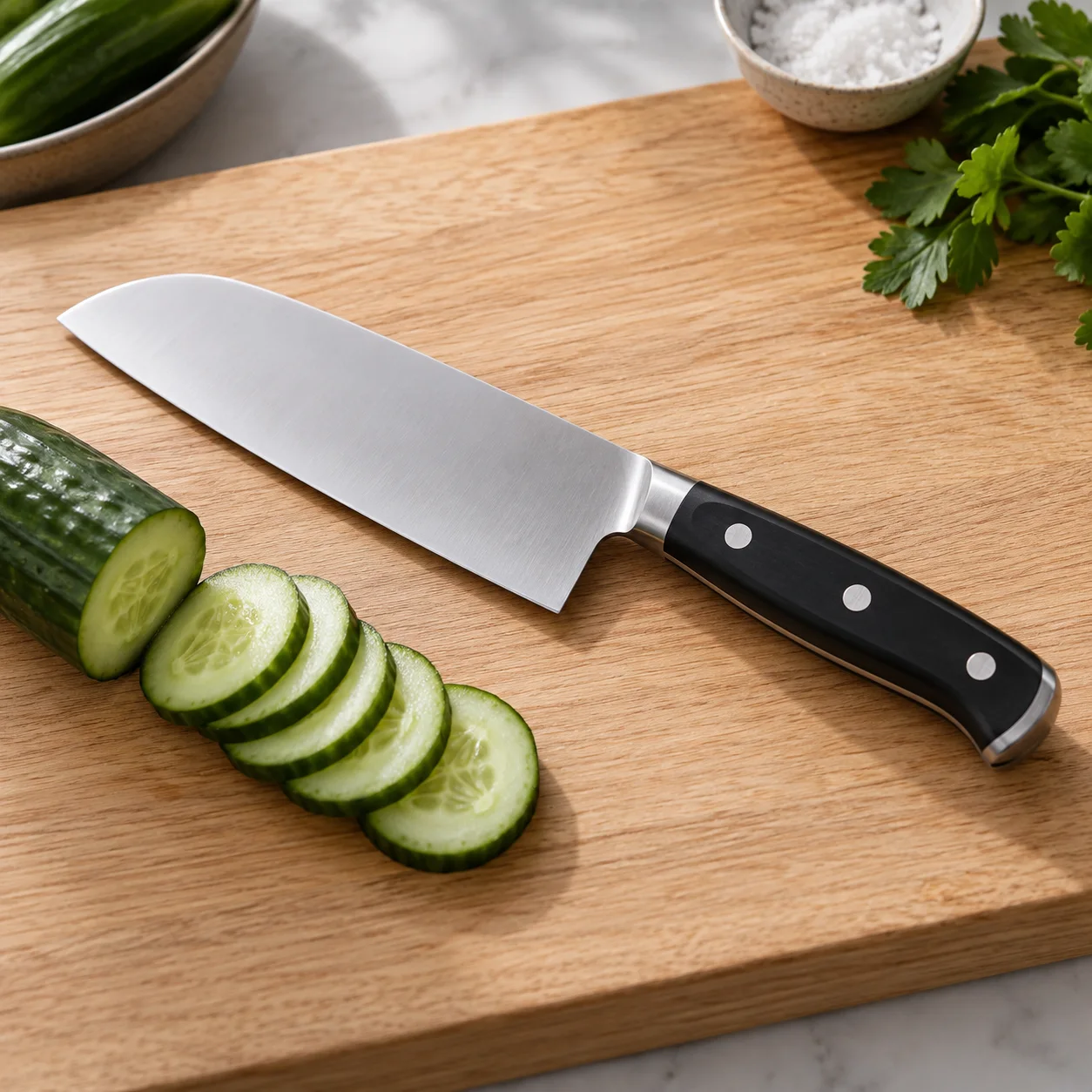Illustrative Japanese kitchen knife photograph; see listing for exact 440 Santoku
